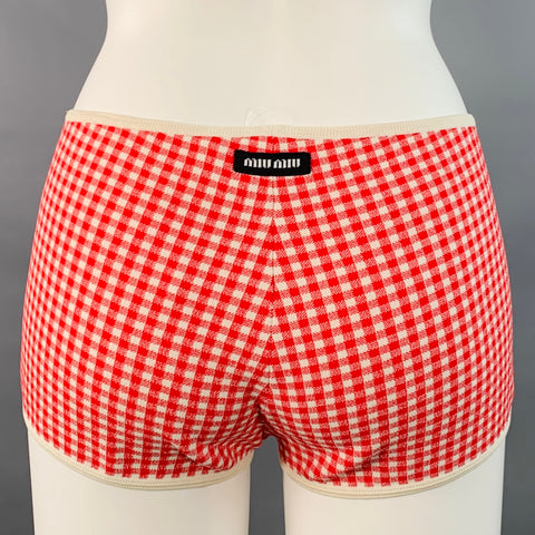MIU MIU Size S Red Cream Viscose Gingham Elastic Waistband Shorts