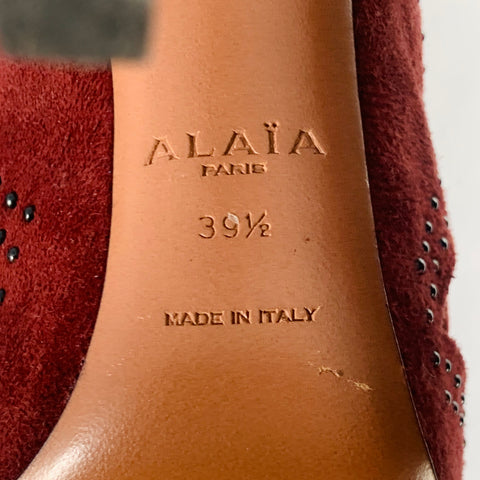 ALAIA Size 9.5 Burgundy Suede Studded Cutout Lace-Up Sandals