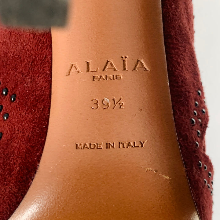 ALAIA Size 9.5 Burgundy Suede Studded Cutout Lace-Up Sandals