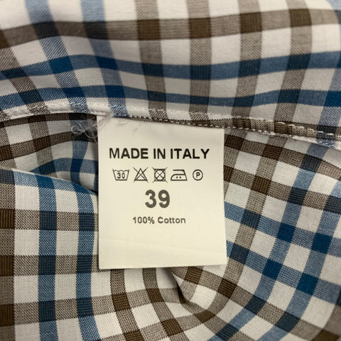 ISAIA Size M Brown White Blue Checkered Cotton Spread Collar Long Sleeve Shirt