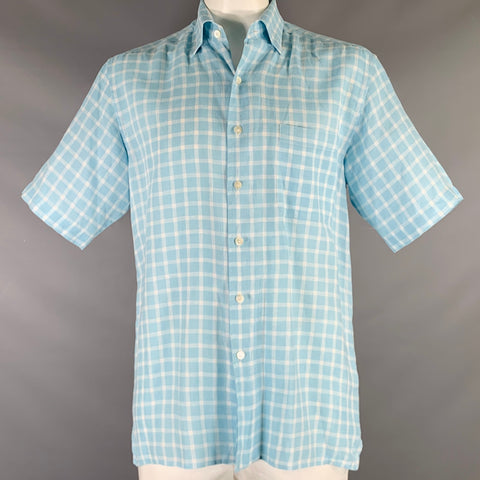 ERMENEGILDO ZEGNA Size L Light Blue White Plaid Linen Short Sleeve Shirt