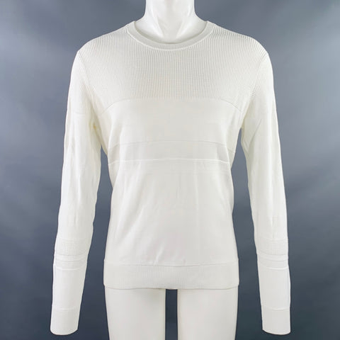 VINCE Size S White Waffle Knit Cotton Stripe Crew Neck Pullover