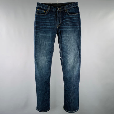 JOHN VARVATOS Taille 32 Jean droit en mélange de coton délavé bleu
