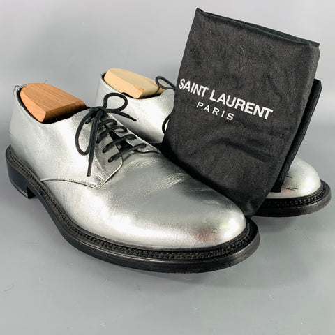 SAINT LAURENT Size 10 Silver Metallic Leather Derby Lace-Up Shoes