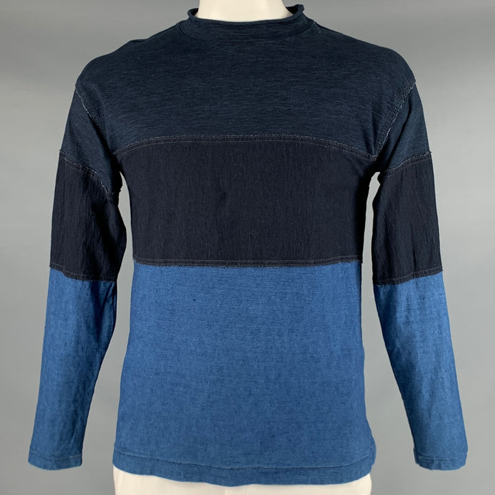 45rpm Size L Natural Dyed Blue Indigo Color Block Cotton Long Sleeve Pullover