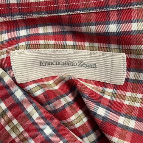 ERMENEGILDO ZEGNA Size L Red Brown Plaid Cotton Curved Cutaway Long Sleeve Shirt
