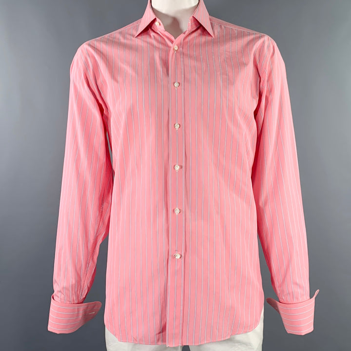 TRUZZI Size XL Pink White Stripe Cotton Spread Collar Long Sleeve Shirt