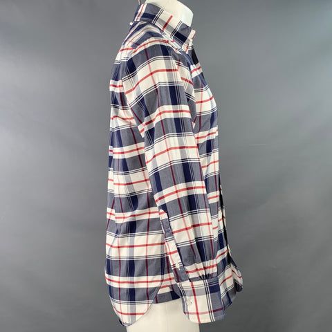 BLACK FLEECE Size S White Navy Red Plaid Cotton One Pocket Long Sleeve Shirt