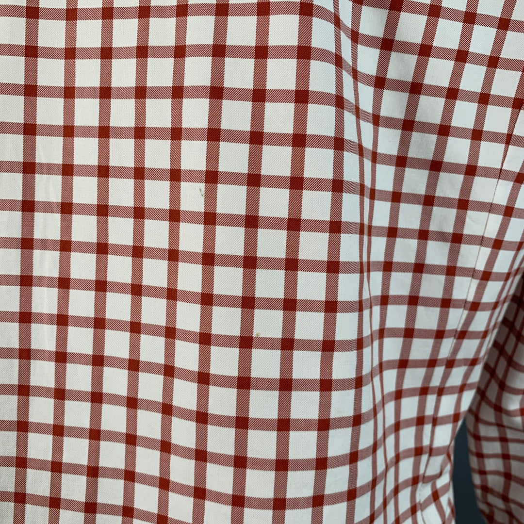 KITON Size M White Burgundy Checkered Cotton Curved Cutaway Long Sleeve Shirt
