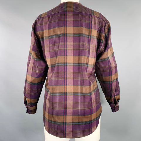 RALPH LAUREN Size 4 Purple Brown Wool Plaid Collarless Shirt