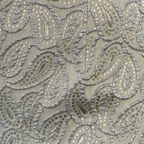 CELINE Size XS Cream Silver Jacquard Paisley Straight Dress Pants