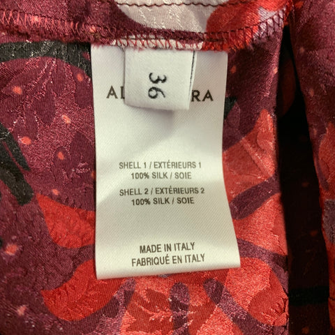 ALTUZARRA Size 0 Burgundy Black White Silk Floral Blouse