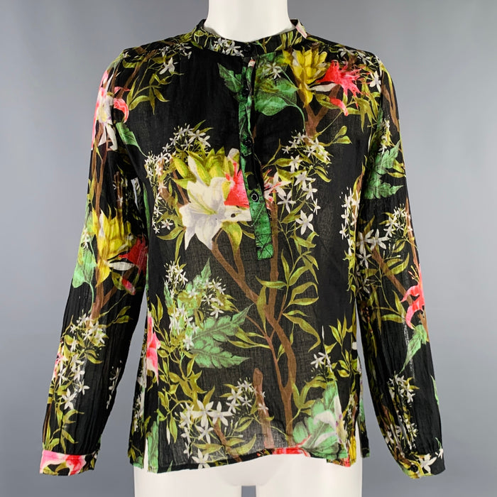 ISABEL MARANT Size 2 Black Multi Color Cotton Floral Long Placket Casual Top
