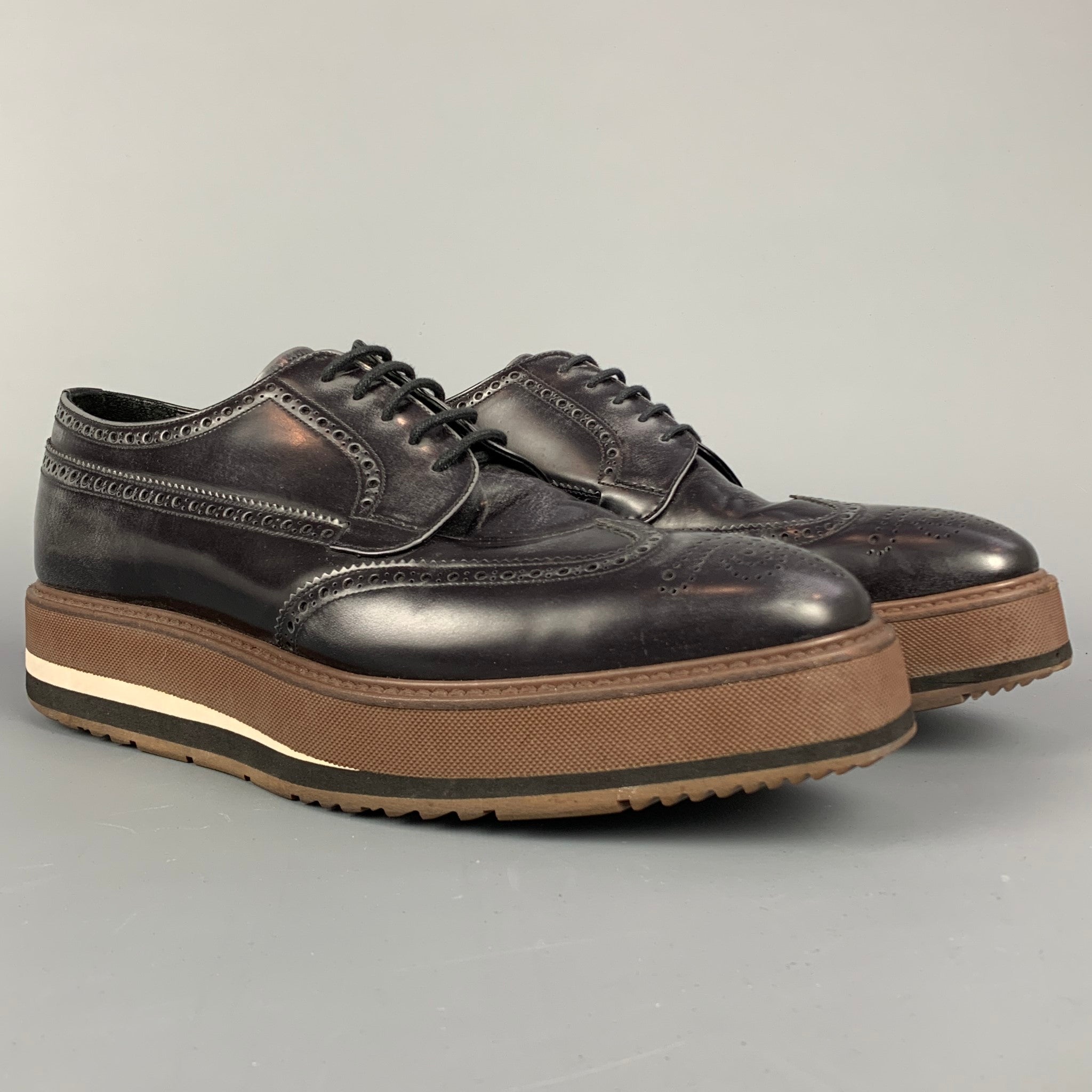 PRADA Size 10.5 Black & Brown Perforated Leather Platform Lace Up