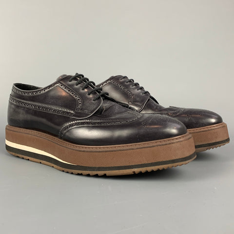 PRADA Size 10.5 Black & Brown Perforated Leather Platform Lace Up Shoes