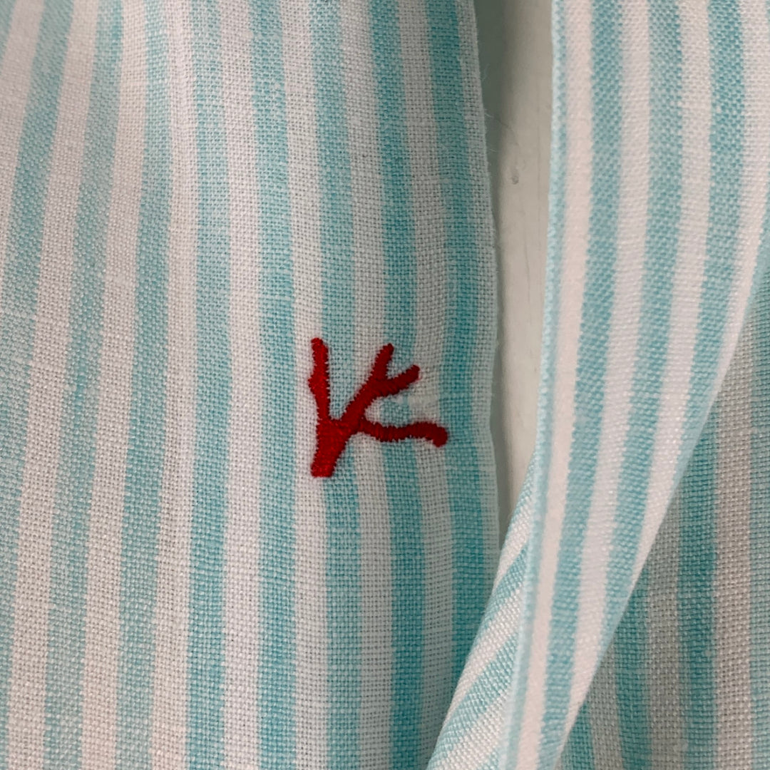 ISAIA Taille XL Chemise à manches longues en lin et coton à rayures bleues et blanches