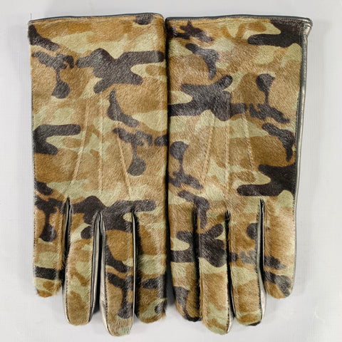 LUCIANO Size 9 Brown Black Camouflage Pony Hair Leather Gloves
