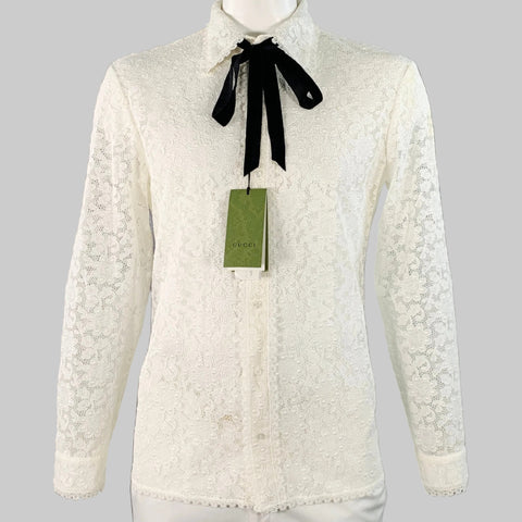 GUCCI by ALESSANDRO MICHELE Size L White Macrame Lace Cotton Blend Bow Long Sleeve Shirt