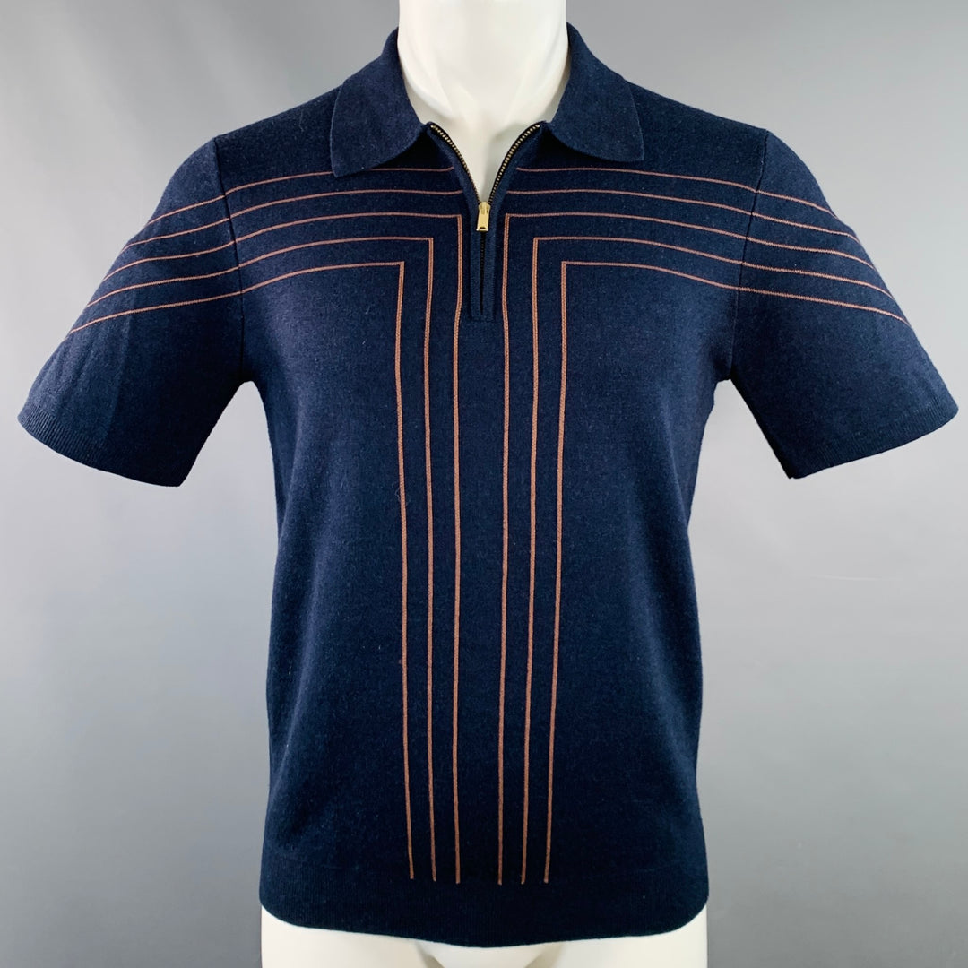 REISS Size S Kade Navy Copper Lines Viscose Blend Zip Up Polo