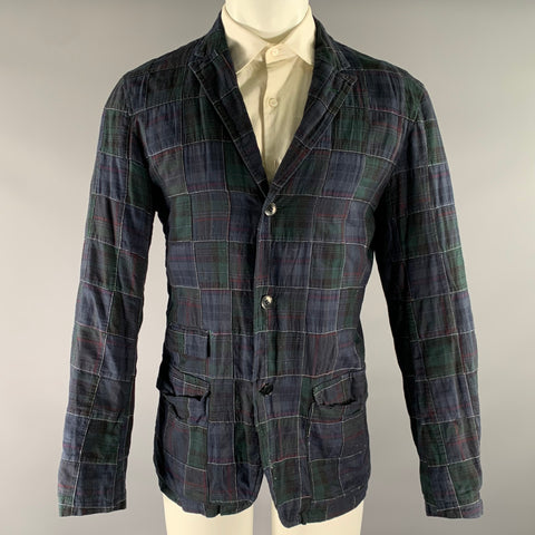 ONES STROKE Chest Size XL Navy Green & Red Plaid Cotton Notch Lapel Sport Coat