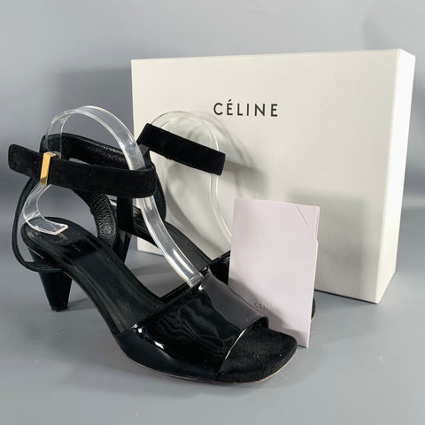 CELINE Size 10 Black Suede Patent Leather Ankle Strap Sandals