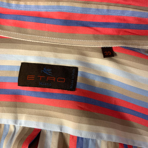 ETRO Size M Tan Red & Blue Stripe Button Up Long Sleeve Shirt