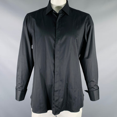 ERMENEGILDO ZEGNA Size XL Black Cotton Hidden Placket Long Sleeve Shirt