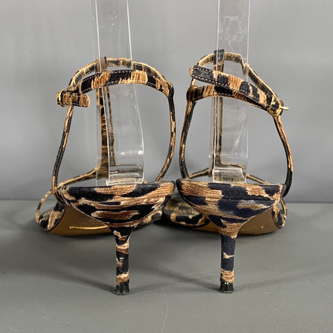DOLCE & GABBANA Size 9 Brown Black Fabric Animal Print T- Strap Sandals