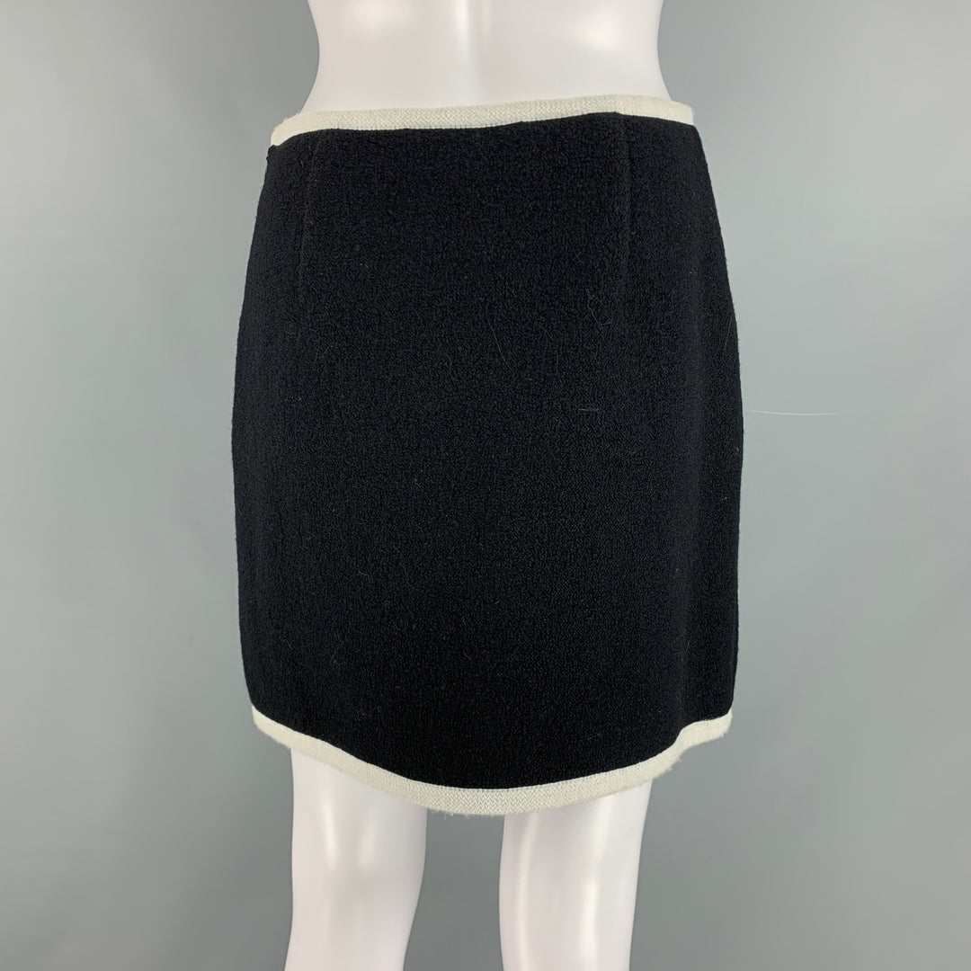 MOSCHINO Size 8 Black White Virgin Wool Contrast trim Single breasted Skirt Suit