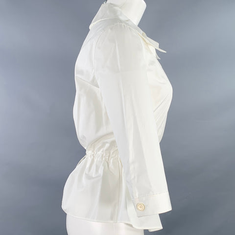 AKRIS Size 6 White Cotton Drawstring Waist 3/4 Sleeves Hidden Buttons Blouse