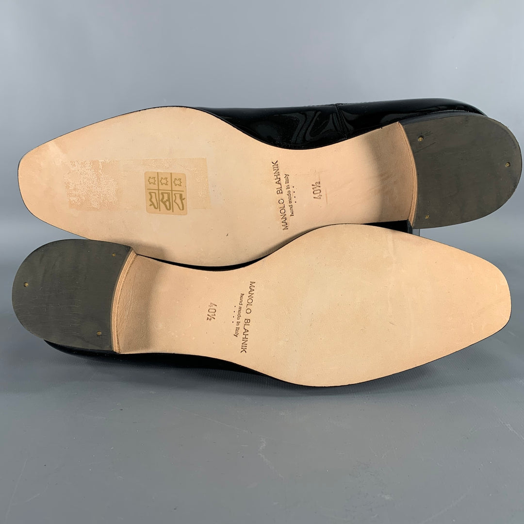 MANOLO BLAHNIK Size 10.5 Black Perforated Patent Leather Cap Toe Shoes