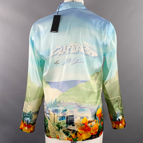 Chemise NAHMIAS à manches longues en soie imprimée multicolore paysage hélicoptère, taille S