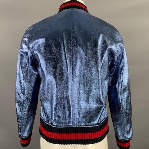 GUCCI Size 36 Blue Metallic Stripe Leather Bomber Jacket