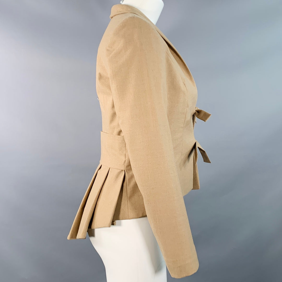 PAUW Size 2 Beige Wool Blend Pleated Shawl Lapel Tie Closure Jacket Blazer