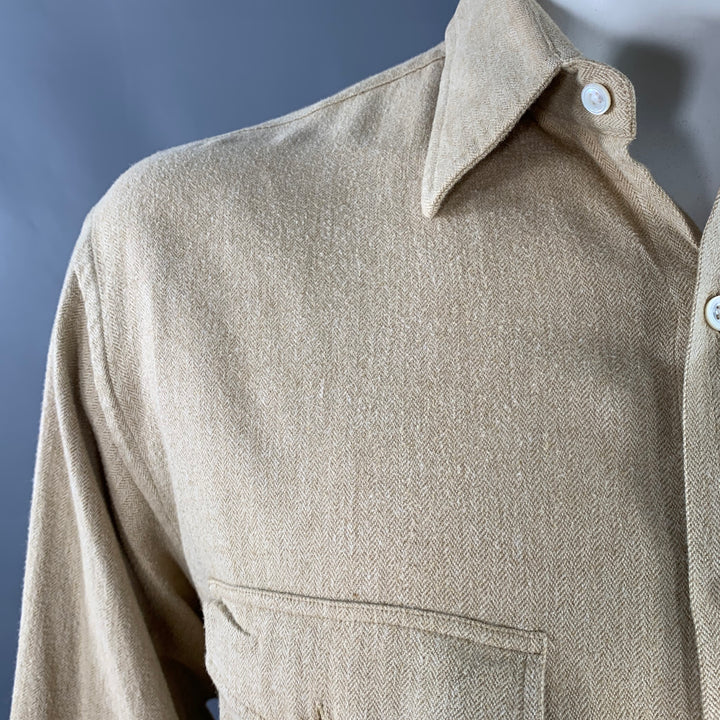 TURNBULL & ASSER Size XL Beige Herringbone Cotton 2 Pockets Long Sleeve Shirt