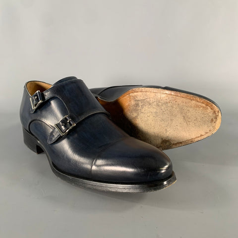 MAGNANNI Size 8 Navy Black Leather Double Monk Strap Loafers