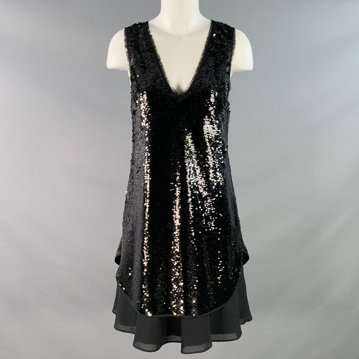 EMPORIO ARMANI Size 8 Black Polyester Blend Sequined V-Neck Dress