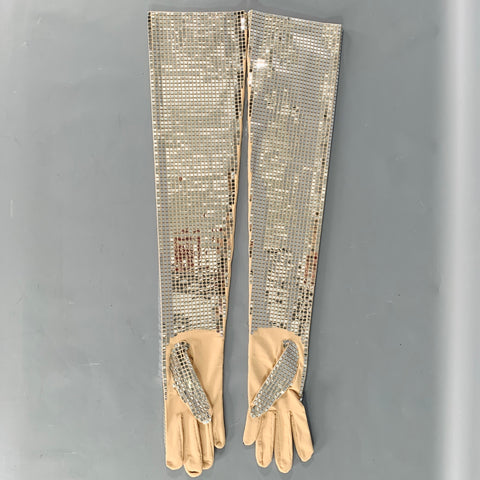 BURBERRY LONDON Size M Cindy Gem Silver Nude Checkered Polyamide Blend Gloves
