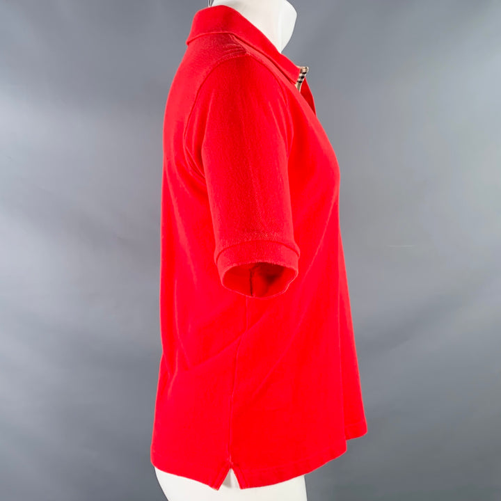BURBERRY Size S Red Contrast Check Trim Cotton Pique Polo