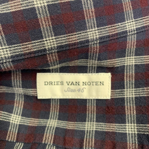 DRIES VAN NOTEN Size S Navy Burgundy Plaid Cotton Button Down Long Sleeve Shirt