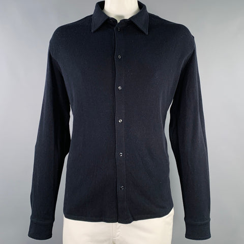 AGNONA Size 44 Navy Knit Cotton Cashmere Button Up Long Sleeve Shirt