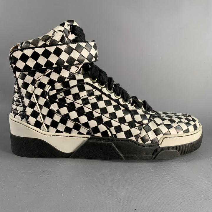 GIVENCHY Size 11 Black White Checkered Leather High Top Sneakers
