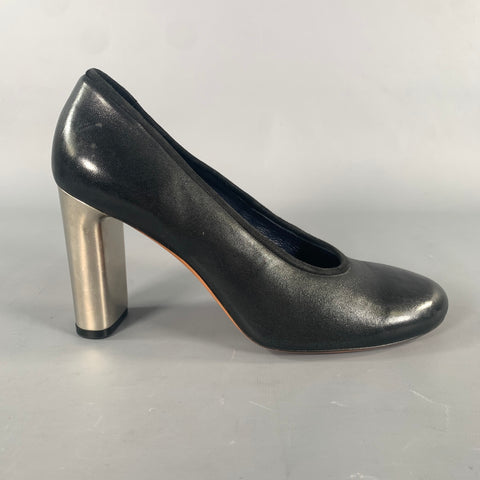 CELINE Size 7.5 Black Silver Leather Slip On Pumps