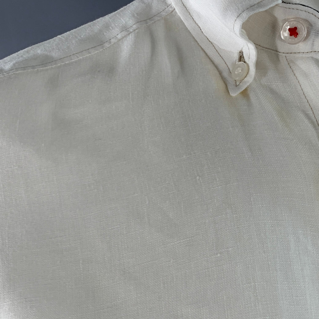 BURBERRY BRIT Size S White Taupe Contrast Stitch Button Down Collar Linen Long Sleeve Shirt
