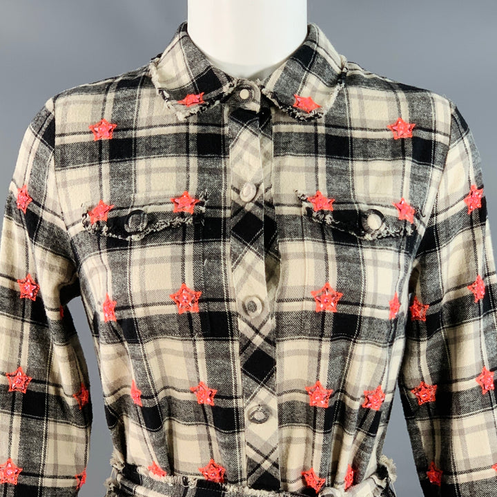 MANOUSH Size S Beige Black Cotton Plaid Raw Edges Belted Mini Shirt Dress