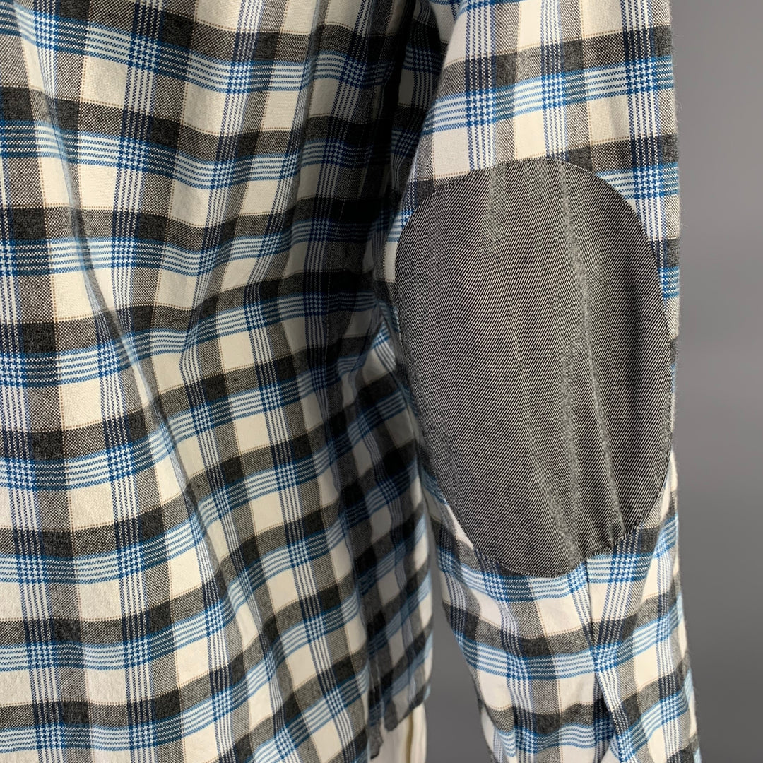 ATM Size L Gray Blue Plaid Cotton Elbow Patches Long Sleeve Shirt