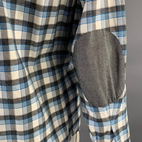 ATM Size L Gray Blue Plaid Cotton Elbow Patches Long Sleeve Shirt
