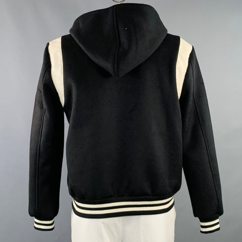 CELINE Size L Black White Patch Cotton Hooded Varsity Jacket
