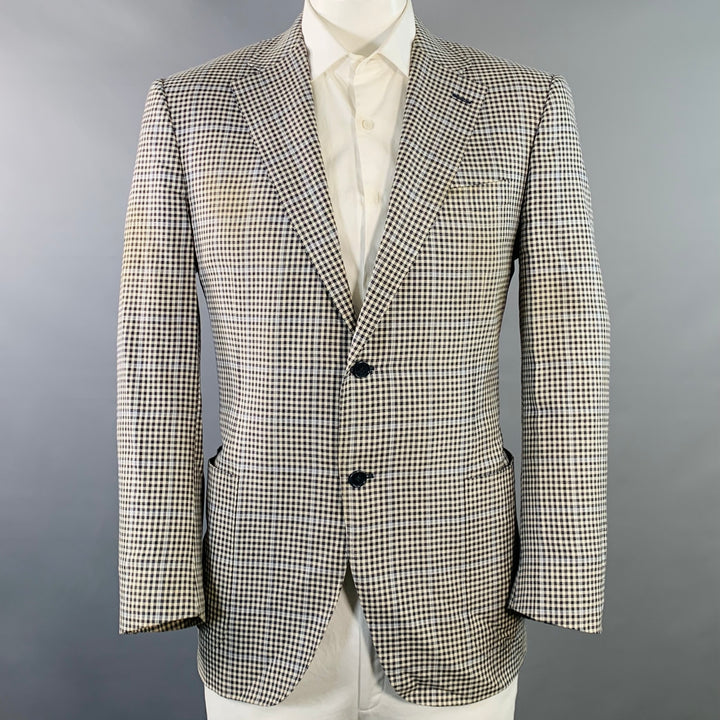 CANALI Size 44 White Black Checkered Wool Silk Linen Sport Coat