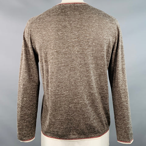 KITON Size XL Heather Brown Cream Red Silk Linen Contrast Trim Crew Neck Pullover